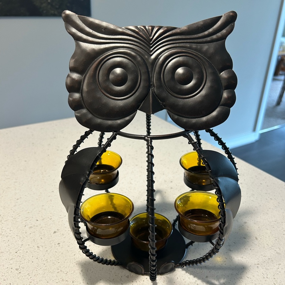 Owl Metal Candle Holder with Amber Glass Cups